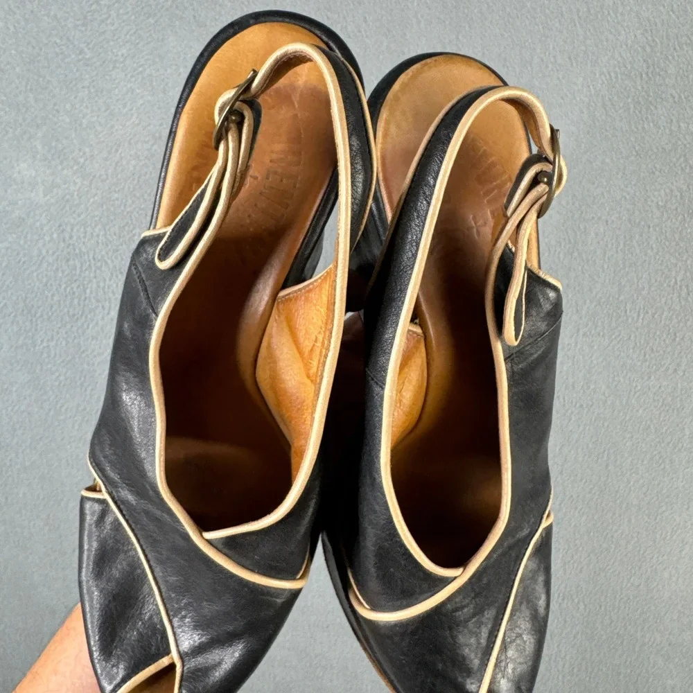 Fiorentini + Baker Black Leather Contrast Piping Slingback Wedge Sandals 38